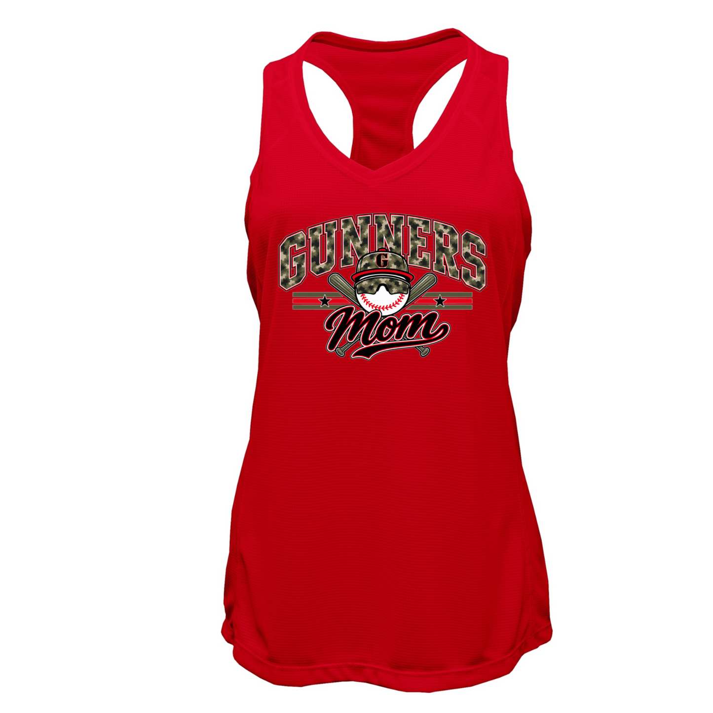 Red Gunners Baseball Mom racerback tank with camo lettering and baseball design
