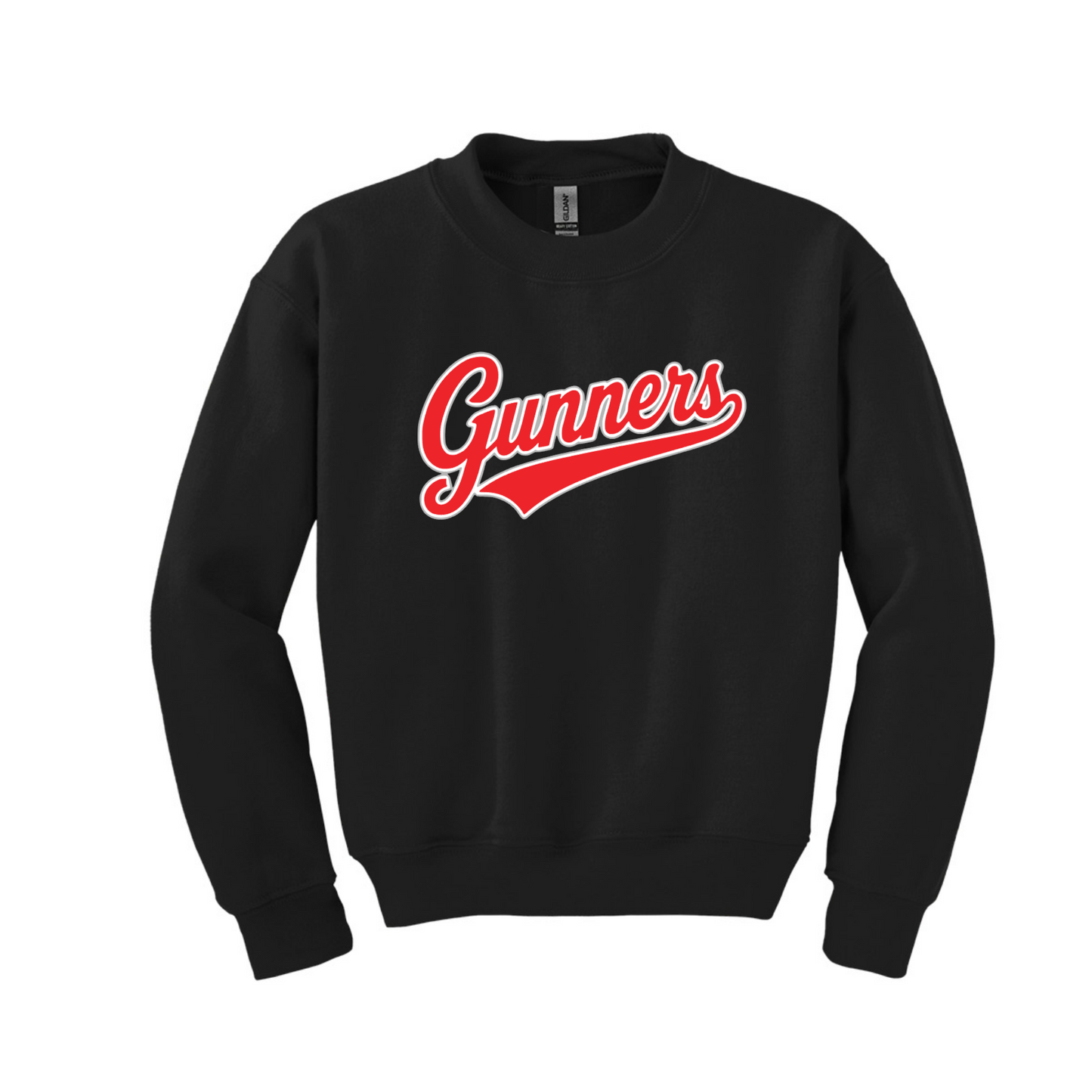 Black Gunners Baseball crewneck sweatshirt with red and white script logo