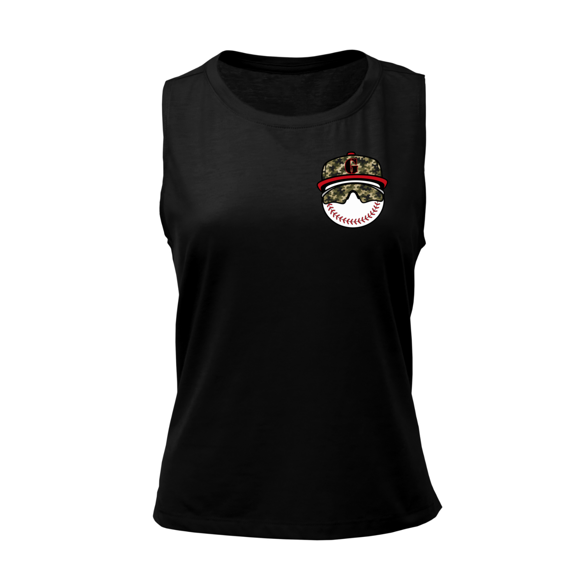 Black Gunners Baseball women's tank top with camo baseball character logo