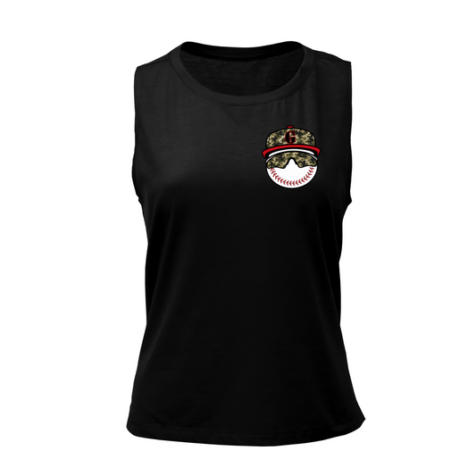 Black Gunners Baseball women's tank top with camo baseball character logo