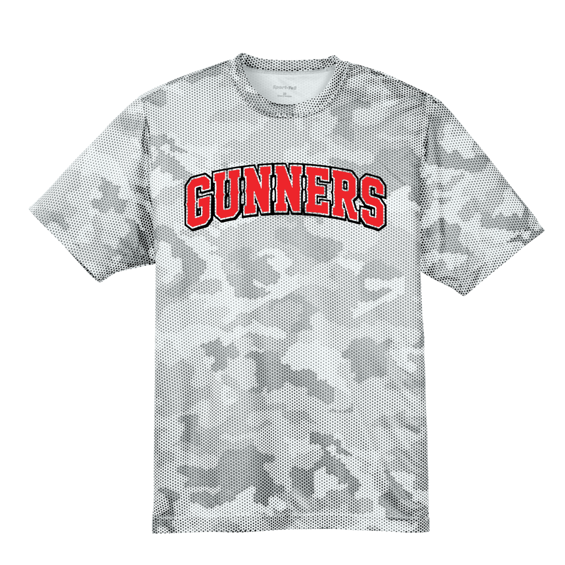 White and gray camo Gunners Baseball performance T-shirt with red Gunners lettering