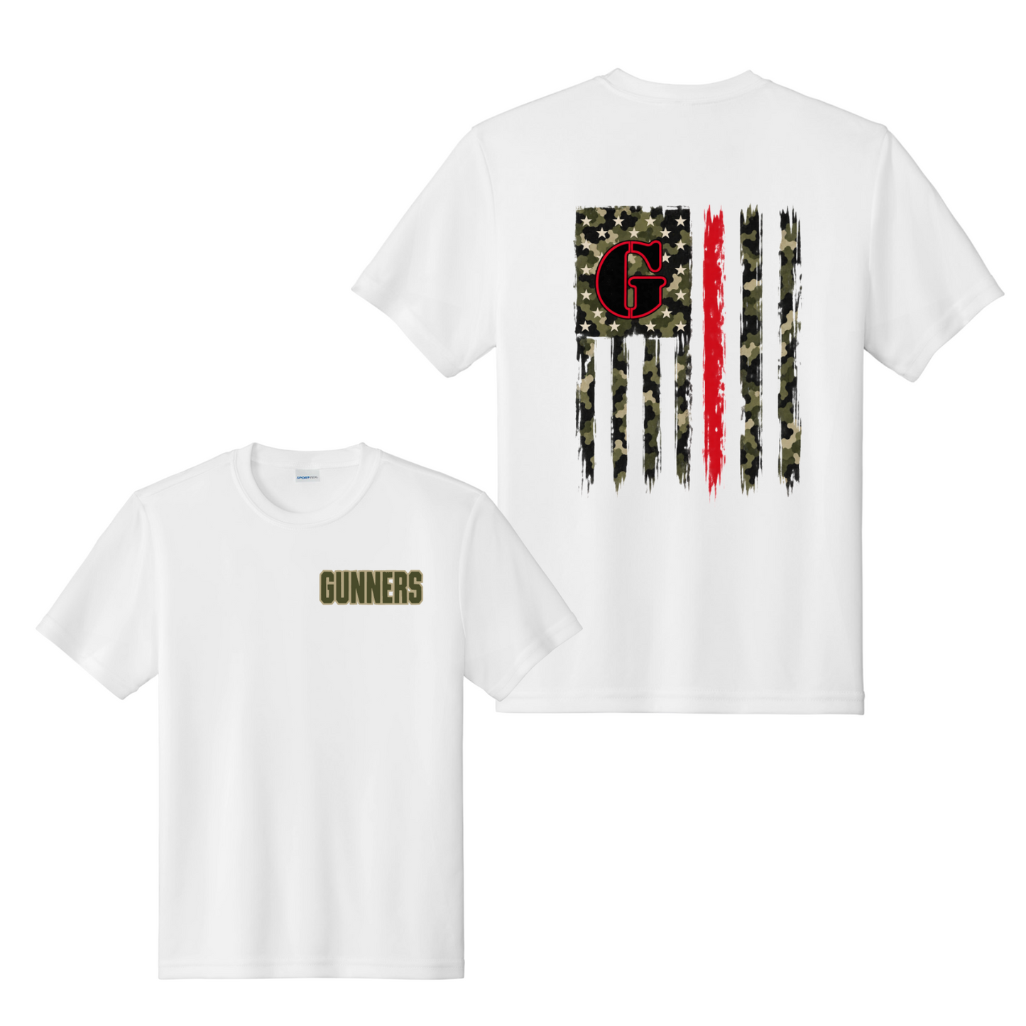 Gunners Baseball white T-shirt with Gunners chest design and camo American flag back graphic