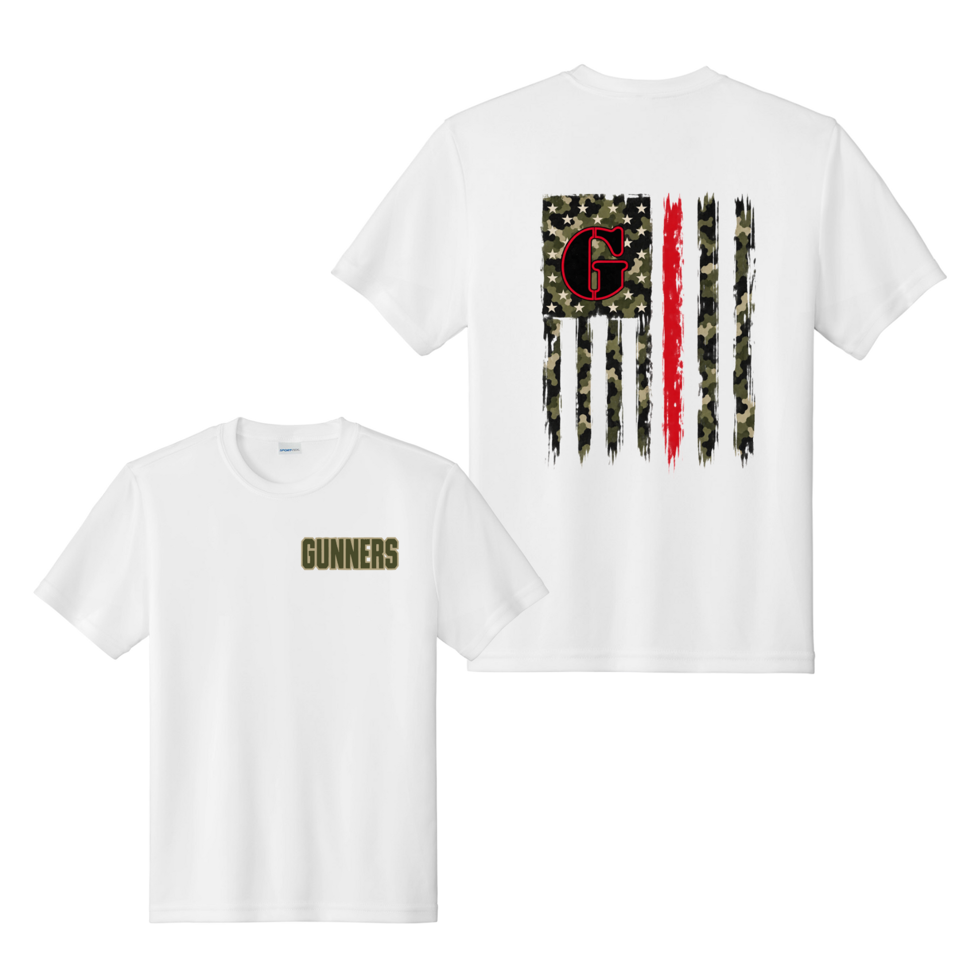 Gunners Baseball white T-shirt with Gunners chest design and camo American flag back graphic