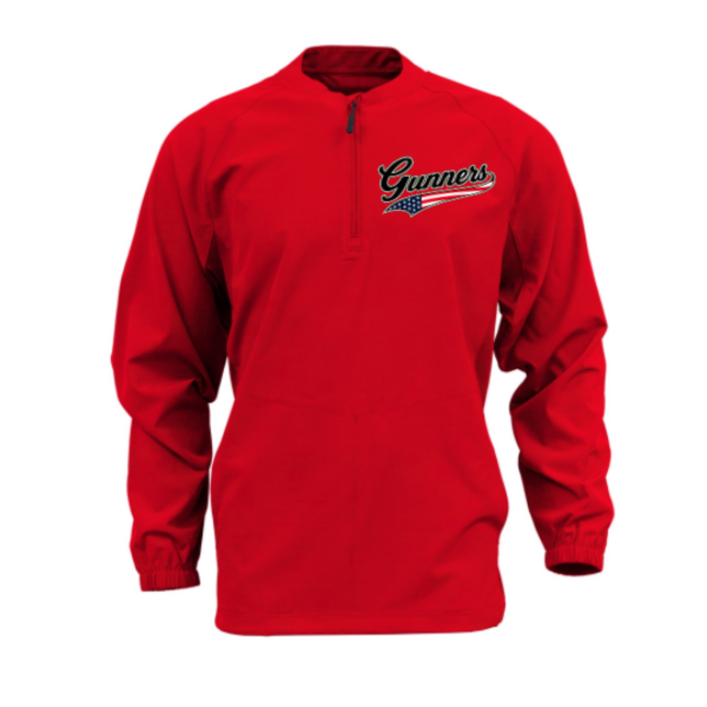 Red Gunners Baseball long sleeve cage jacket with patriotic Gunners script logo