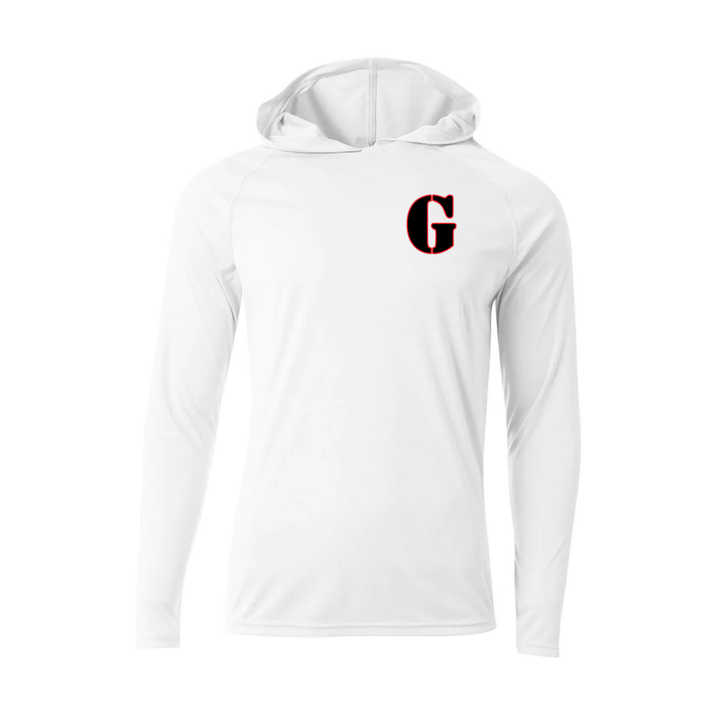 White Gunners Baseball long sleeve hooded performance shirt with black and red G logo