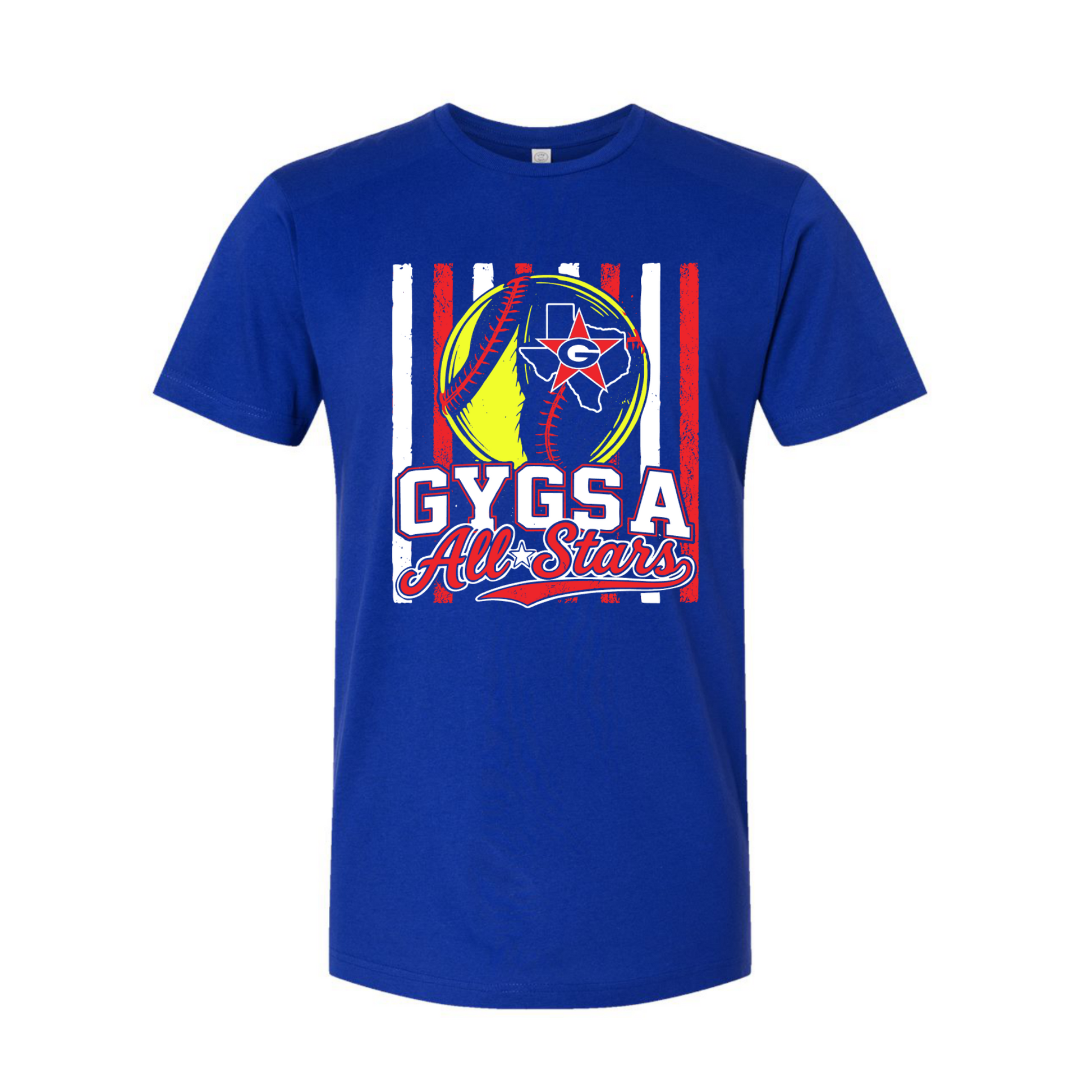 Blue t-shirt with 'GYGSA All Stars' graphic design on a white background