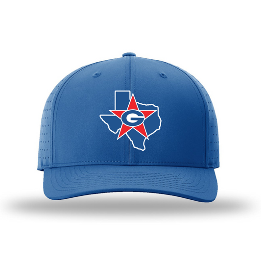 Blue cap with a Texas-shaped logo featuring a star and letter 'G' on a white background