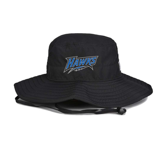 A black bucket hat with a drawstring chin strap, featuring a blue and white embroidered 'Hawks' logo on the front, set against a plain white background.