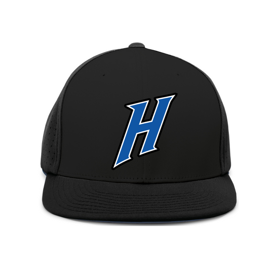 A black structured snapback cap featuring a large blue and white stylized letter 'H' embroidered on the front panel, set against a plain white background.