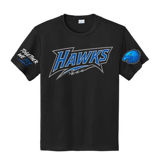 A black short-sleeve t-shirt with a large blue and silver 'HAWKS' graphic on the chest, a blue hawk head logo on the right sleeve, and 'TOGETHER WE Fly' printed in white and blue on the left sleeve, shown against a plain white background.