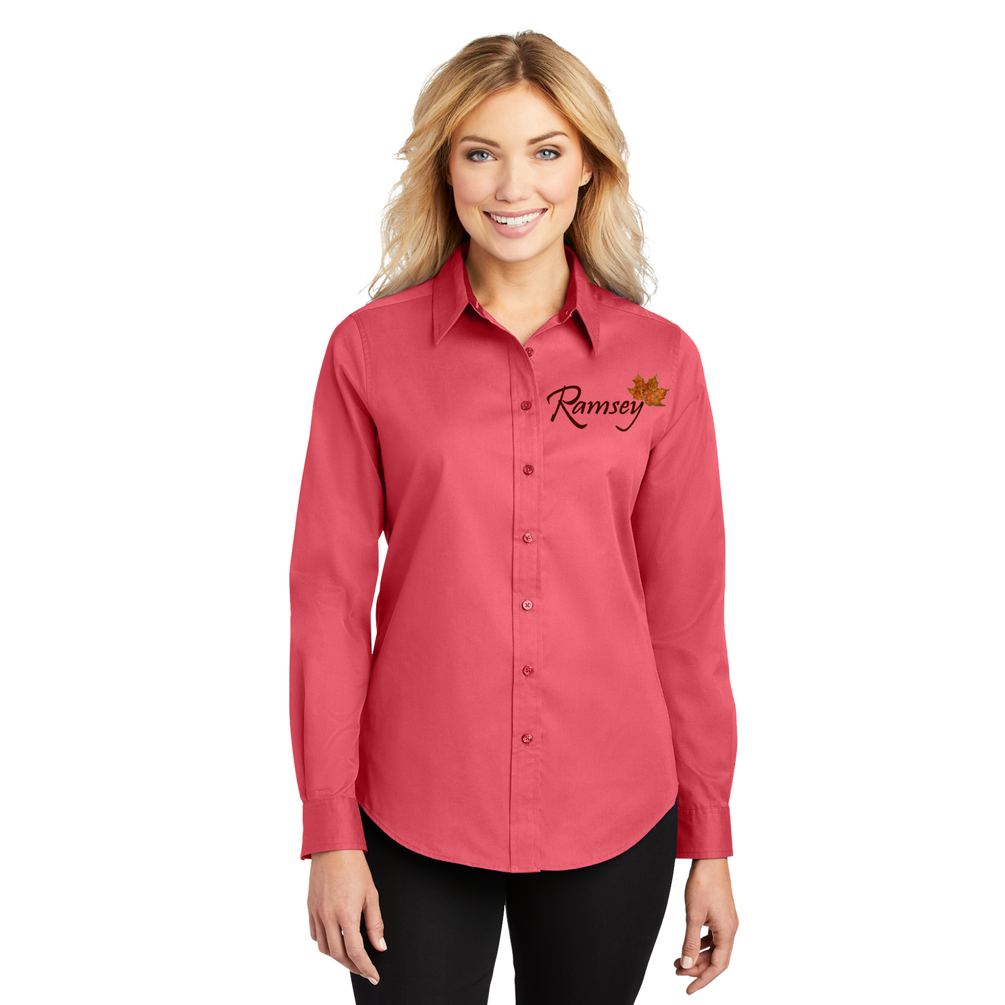 Ramsey Womens Button Down Shirt, Ramsey Funeral Home Long Sleeve Shirt