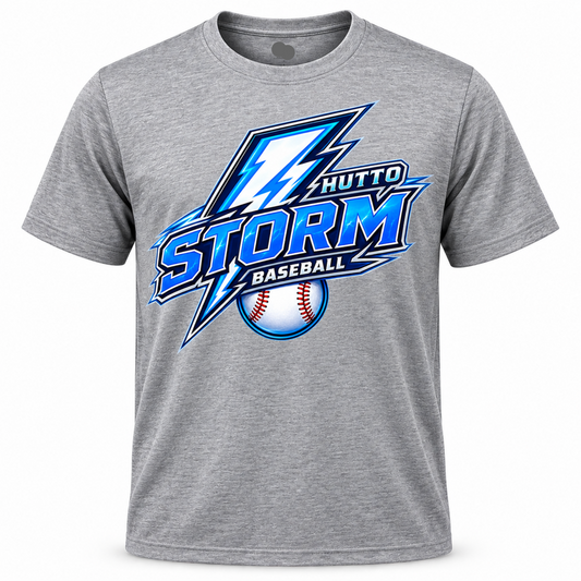 A heather gray short-sleeve t-shirt featuring a large 'Hutto Storm Baseball' graphic on the chest with blue, white, and red details