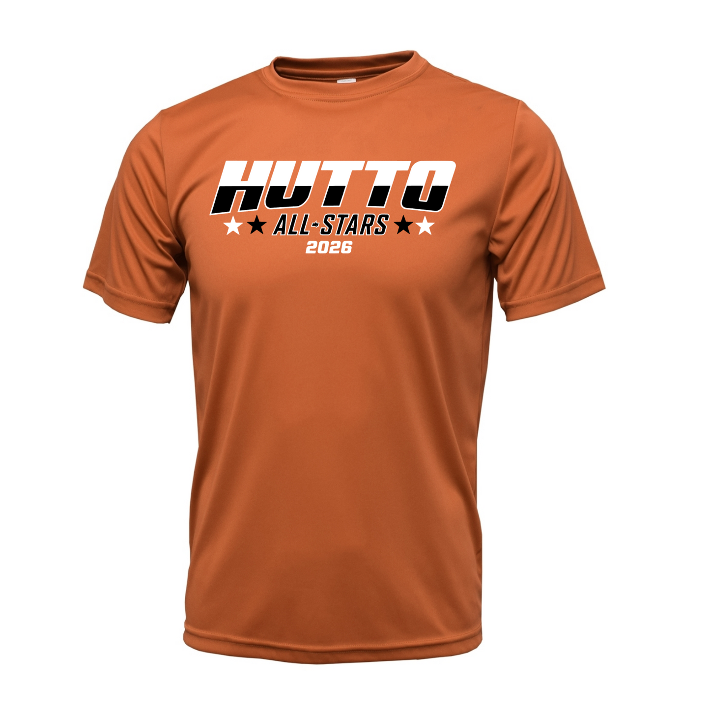 Orange t-shirt with 'Hutto All-Stars 2026' text on a white background