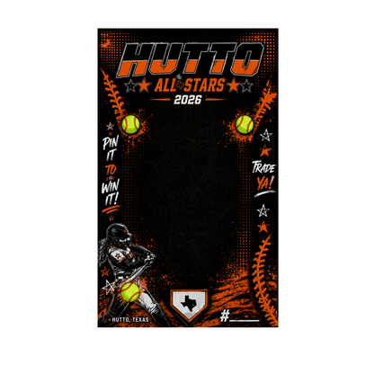 Pin Trading Towel for Hutto All-Stars 2026 with sports-themed graphics and text.