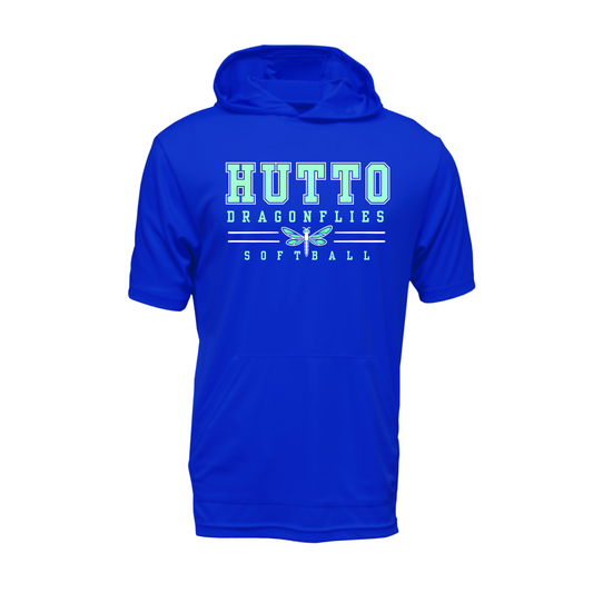 Royal blue Hutto Dragonflies Softball short sleeve performance hoodie with mint and white team design