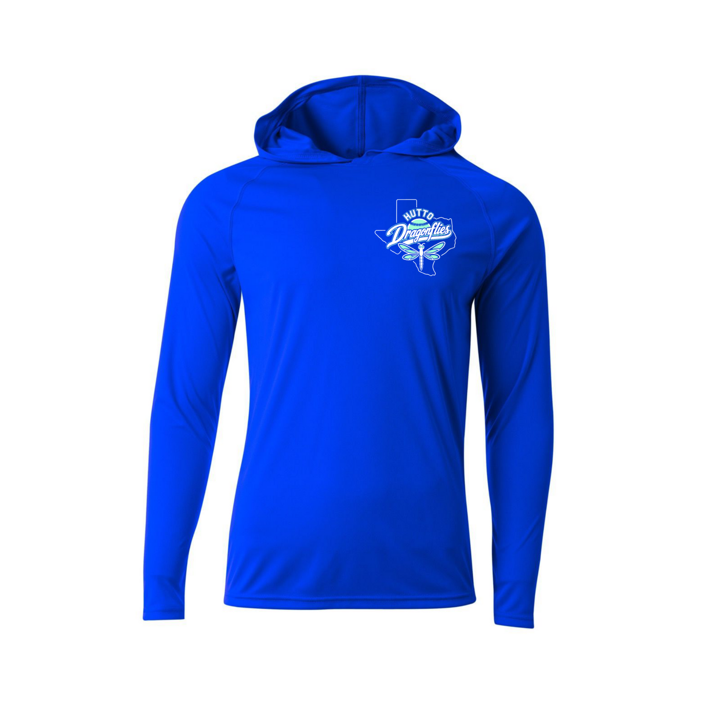 Royal blue Hutto Dragonflies Softball lightweight long sleeve performance hoodie with Texas dragonfly chest design