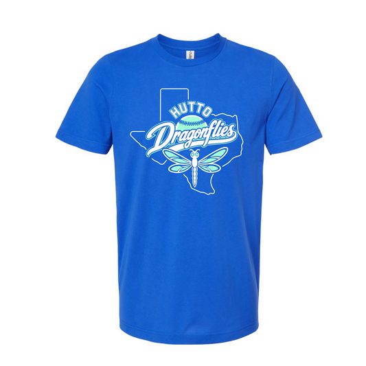 Royal blue Hutto Dragonflies softball T-shirt with Texas outline, softball and dragonfly design