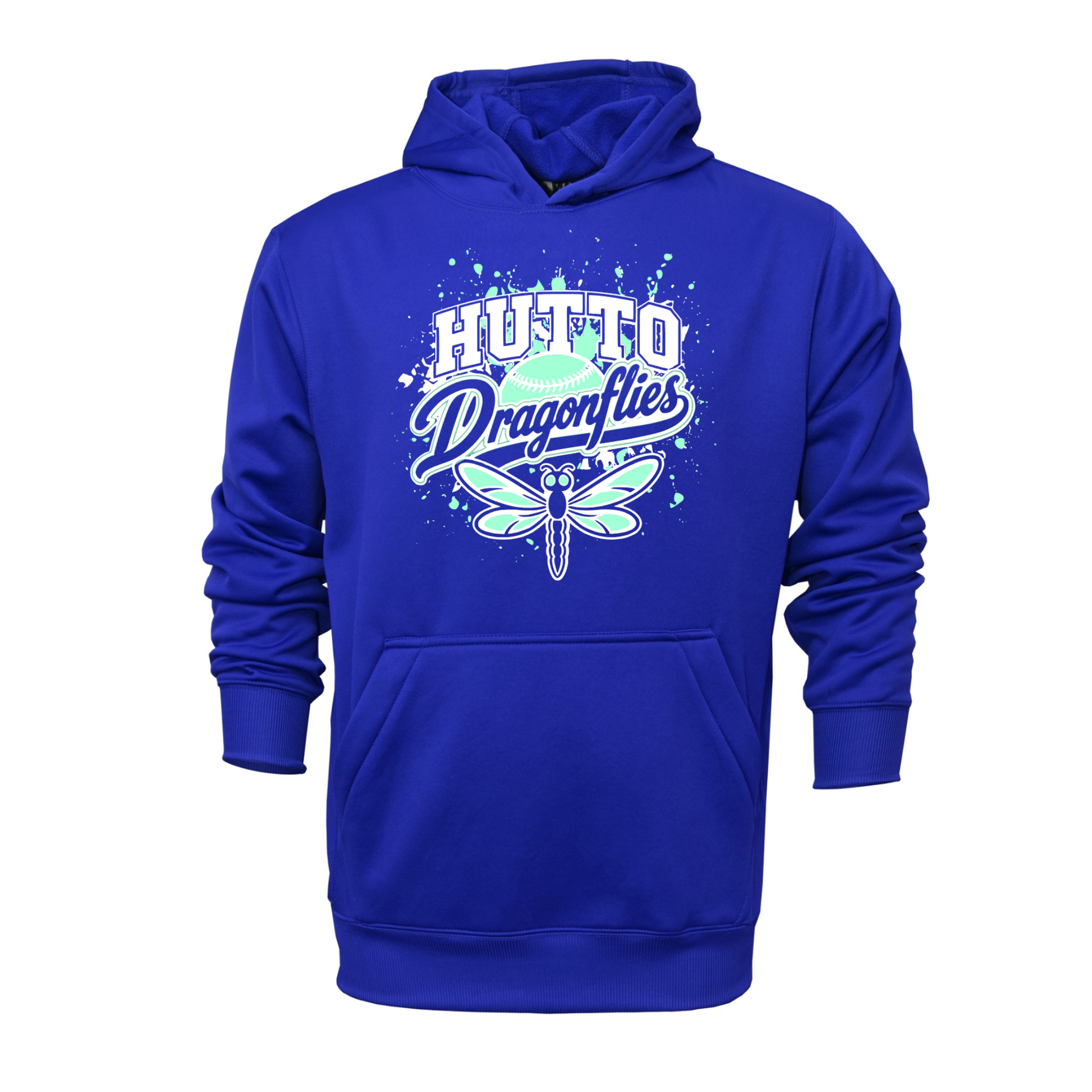Royal blue Hutto Dragonflies Softball performance hoodie with mint white softball dragonfly and splatter design