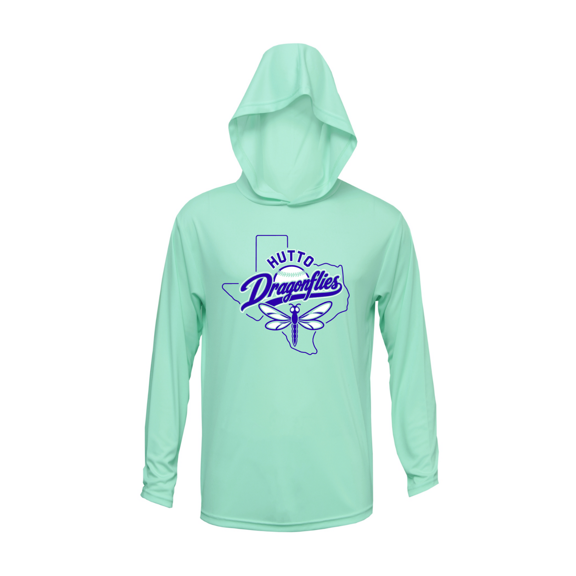 Mint Hutto Dragonflies Softball lightweight performance hoodie with Texas softball and dragonfly design
