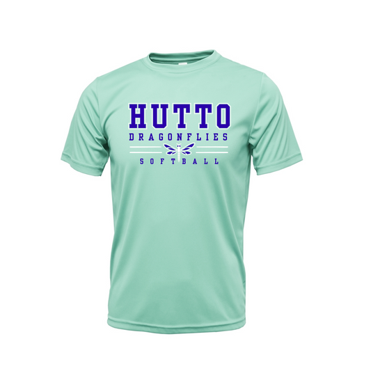 Mint Hutto Dragonflies Softball performance T-shirt with royal blue collegiate Hutto lettering and dragonfly design