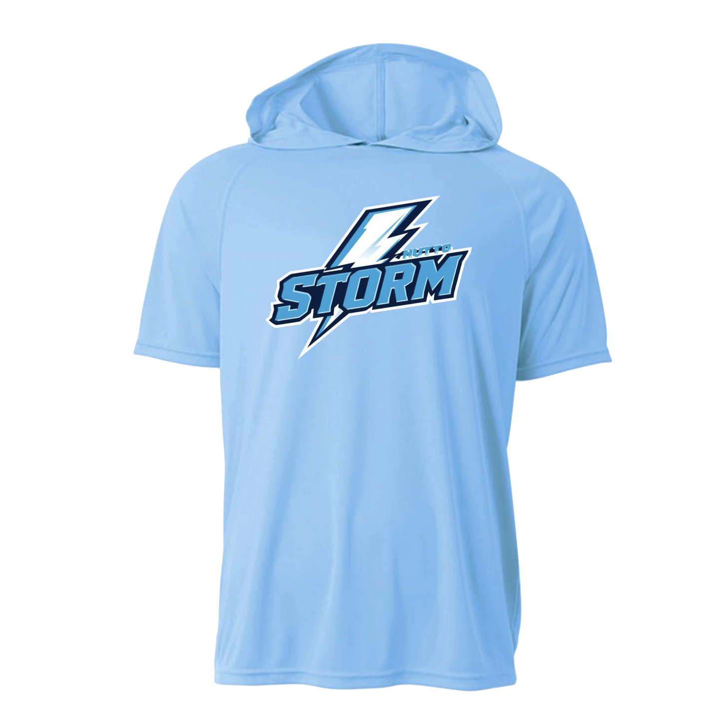 Carolina Blue Hooded Hutto Storm Shirt, Short Sleeve Hooded Tee, Hutto Storm Baseball Spiritwear
