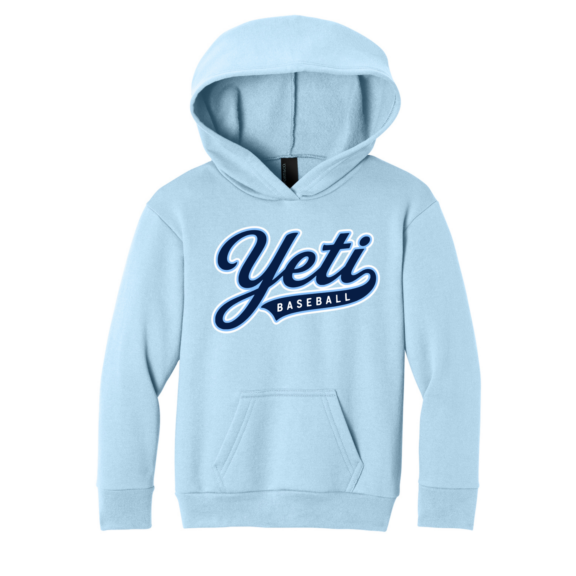 Light blue hoodie with 'Yeti Baseball' text on a white background