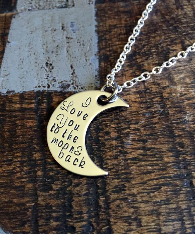 I Love You to the Moon and Back Necklace Quote Jewelry Personalized Gifts Custom Phrase Birthday Gift Handstamped Moon Necklace Mothers Day