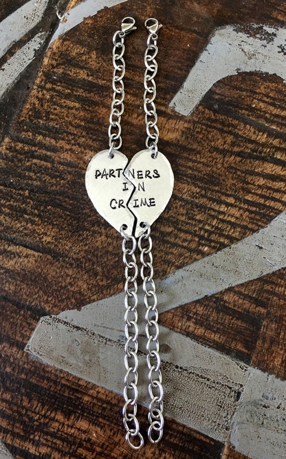 Silver PARTNERS IN CRIME bracelets best friends bracelet broken heart set friendship bracelet Christmas gift best girls jewelry Friend Gift