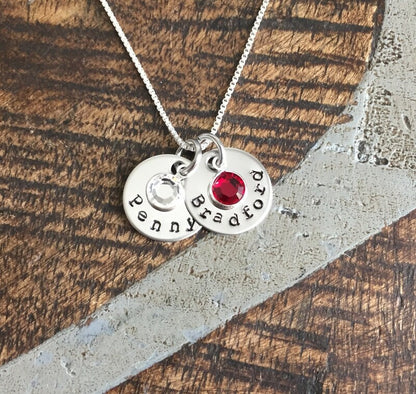 Handstamped Silver Necklace Name Necklace Birthstone Jewelry Silver Necklace Custom Necklace Birthstone Necklace Gift for Mom Mom Necklace