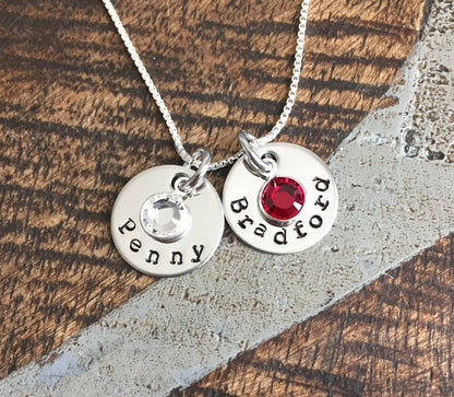 Handstamped Silver Necklace Name Necklace Birthstone Jewelry Silver Necklace Custom Necklace Birthstone Necklace Gift for Mom Mom Necklace