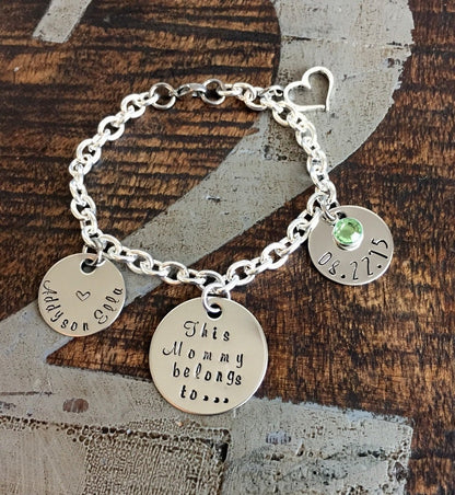 This Mommy belongs to Bracelet Mommy Gift Push Present New Mom Gift Handstamped Bracelet Mothers Day Gift Mom Jewelry Charm Bracelet