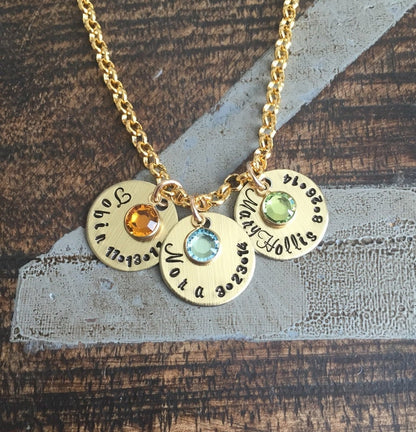 Handstamped Gold Necklace Name Necklace Gold Birthstone Jewelry Gold Necklace Custom Necklace Birthstone Necklace Gift for Mom Mom Necklace