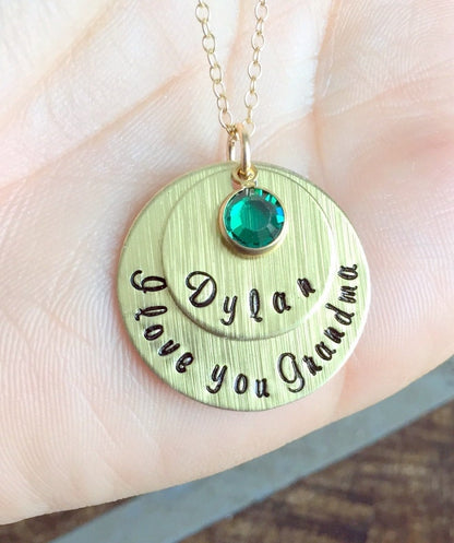 Grandma Necklace Handstamped Necklace Gold Necklace Gold Layered Necklace Birthstone Necklace Mothers Day Jewelry Gift for Mom