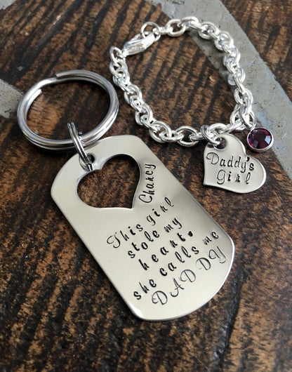 This Girl Stole My Heart Keychain Daddy Keychain Handstamped Keychain Gift for New Dad Dad Keychain Daddys Girl Bracelet Daddy Daughter Gift