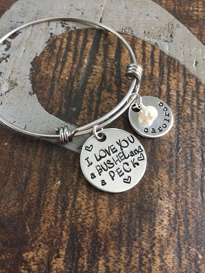 Handstamped Bracelet Expandable Silver I Love You A Bushel and a Peck Bracelet Teacher Gift Personalized Jewelry Gift for Mom Name Bracelet
