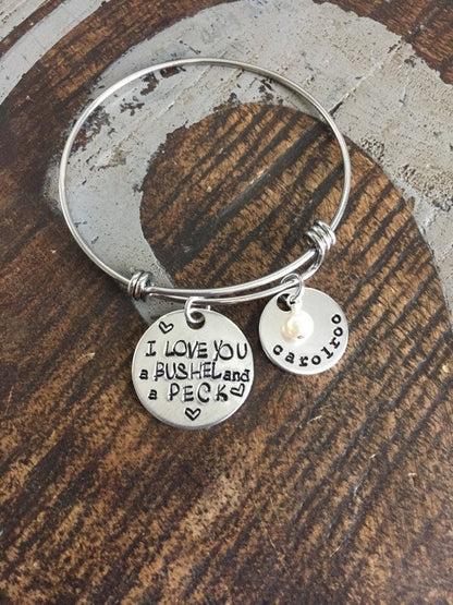 Handstamped Bracelet Expandable Silver I Love You A Bushel and a Peck Bracelet Teacher Gift Personalized Jewelry Gift for Mom Name Bracelet