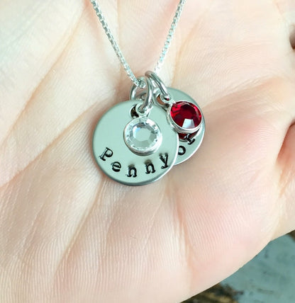 Handstamped Silver Necklace Name Necklace Birthstone Jewelry Silver Necklace Custom Necklace Birthstone Necklace Gift for Mom Mom Necklace