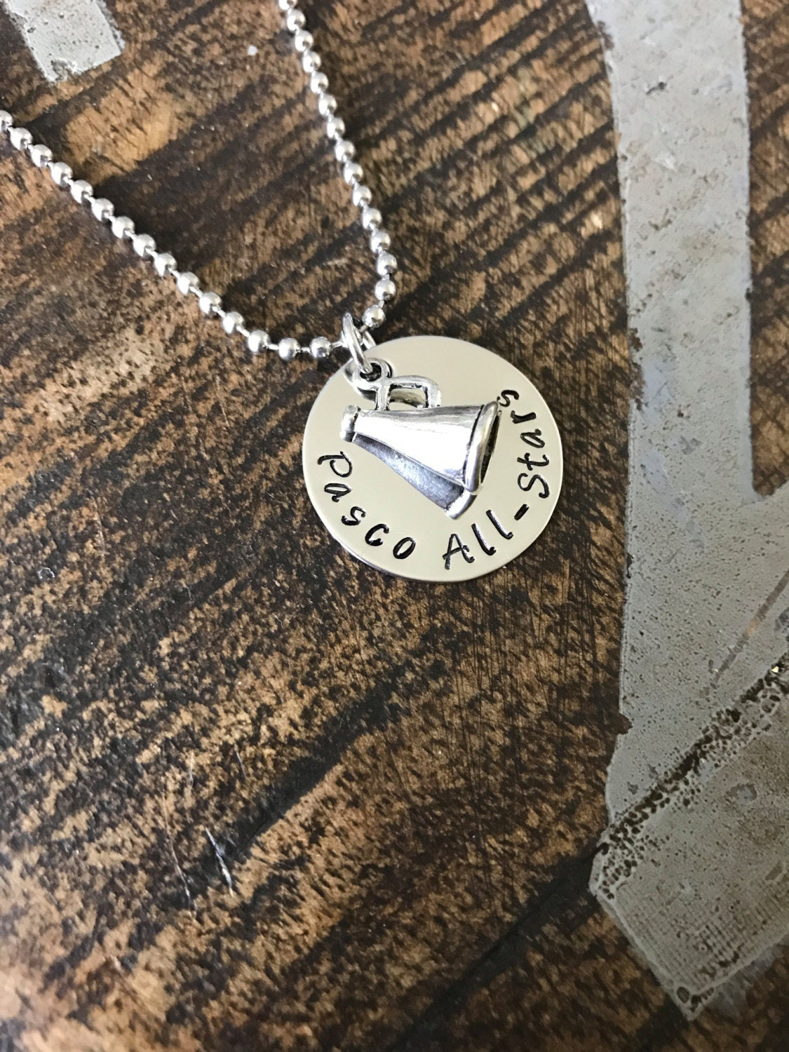 Cheer Necklace Cheerleader Necklace Gift for Cheerleader Handstamped Necklace Megaphone Necklace Handstamped Jewelry Cheer Team Gift