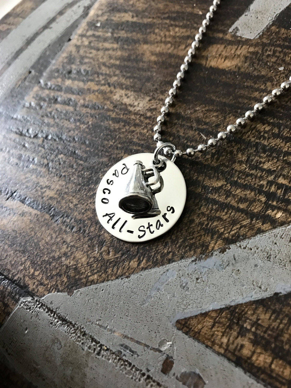 Cheer Necklace Cheerleader Necklace Gift for Cheerleader Handstamped Necklace Megaphone Necklace Handstamped Jewelry Cheer Team Gift