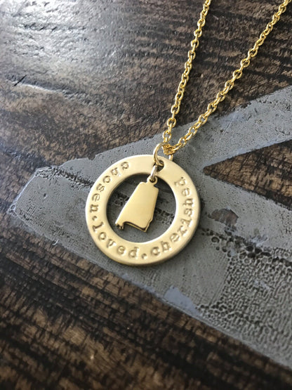 Gold Jewelry Custom Necklace Handstamped Necklace Alabama Necklace State Jewelry Custom Jewelry Gold Washer Necklace Engraved Jewelry