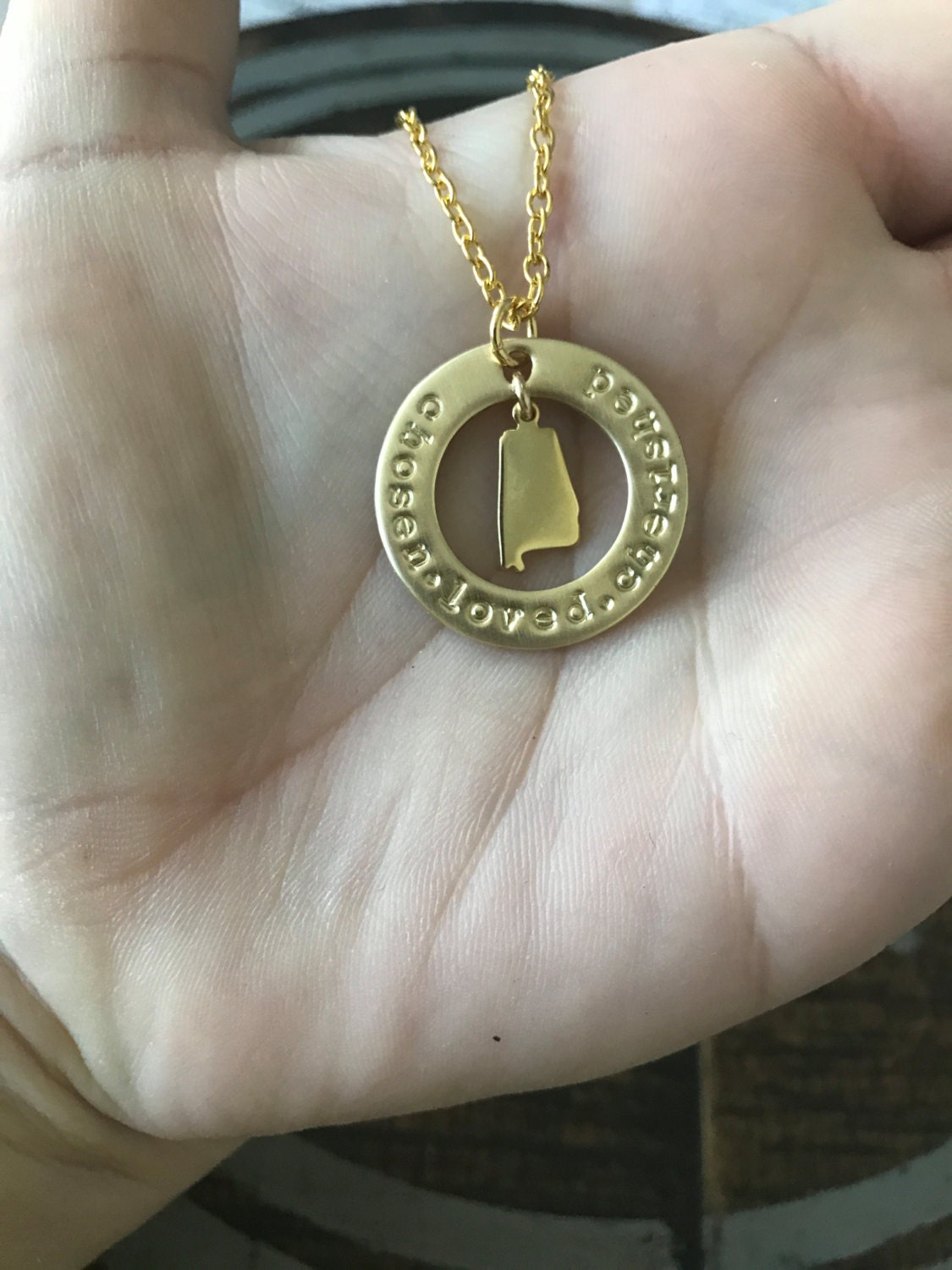 Gold Jewelry Custom Necklace Handstamped Necklace Alabama Necklace State Jewelry Custom Jewelry Gold Washer Necklace Engraved Jewelry