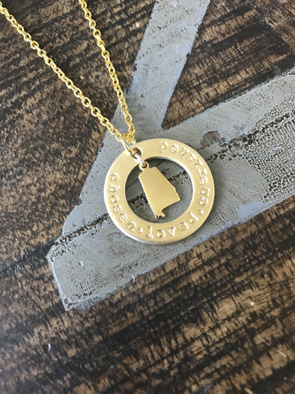 Gold Jewelry Custom Necklace Handstamped Necklace Alabama Necklace State Jewelry Custom Jewelry Gold Washer Necklace Engraved Jewelry