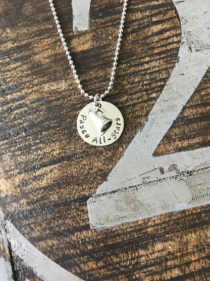 Cheer Necklace Cheerleader Necklace Gift for Cheerleader Handstamped Necklace Megaphone Necklace Handstamped Jewelry Cheer Team Gift