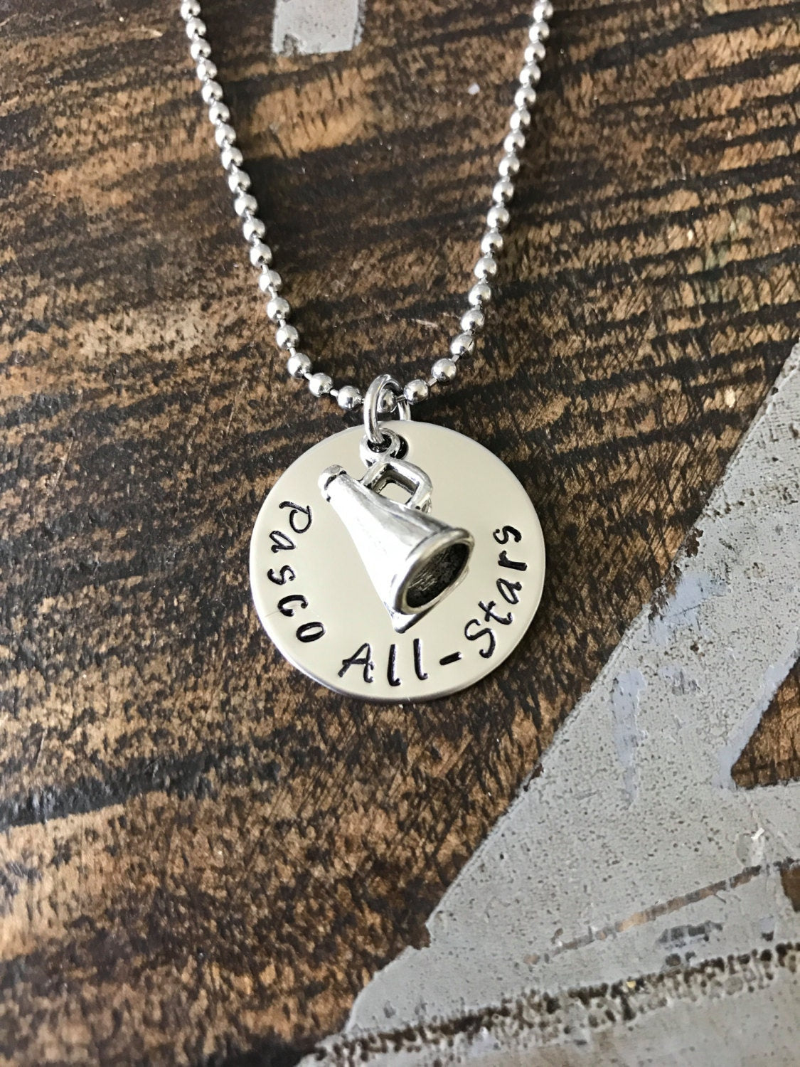 Cheer Necklace Cheerleader Necklace Gift for Cheerleader Handstamped Necklace Megaphone Necklace Handstamped Jewelry Cheer Team Gift
