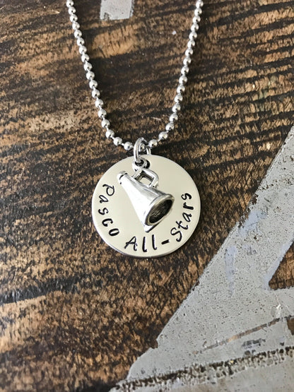 Cheer Necklace Cheerleader Necklace Gift for Cheerleader Handstamped Necklace Megaphone Necklace Handstamped Jewelry Cheer Team Gift