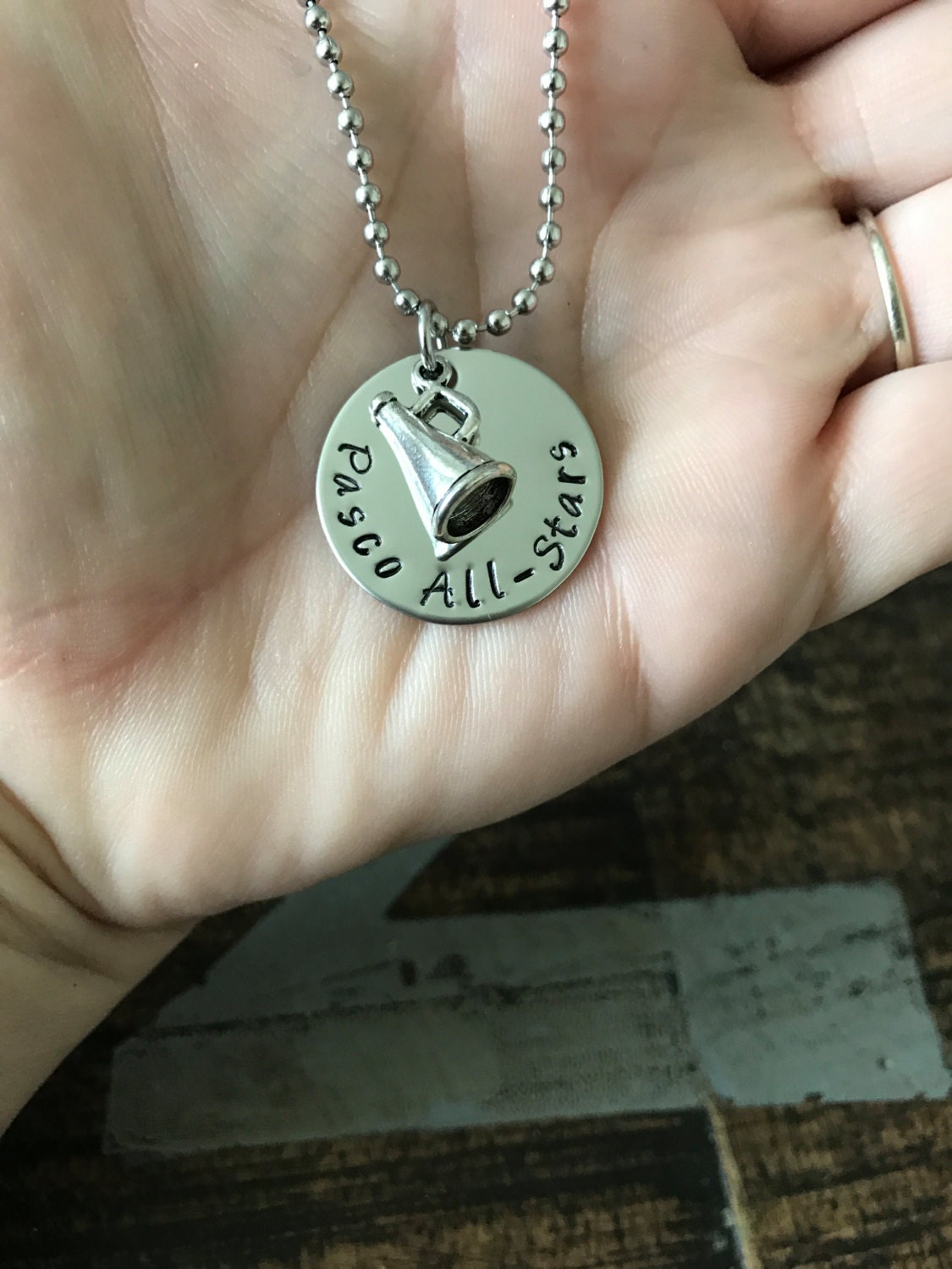 Cheer Necklace Cheerleader Necklace Gift for Cheerleader Handstamped Necklace Megaphone Necklace Handstamped Jewelry Cheer Team Gift