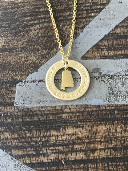 Gold Jewelry Custom Necklace Handstamped Necklace Alabama Necklace State Jewelry Custom Jewelry Gold Washer Necklace Engraved Jewelry