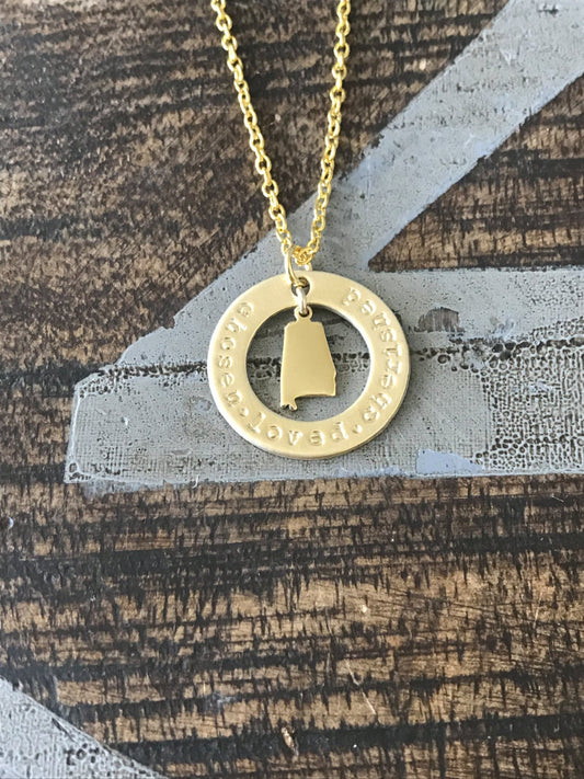 Gold Jewelry Custom Necklace Handstamped Necklace Alabama Necklace State Jewelry Custom Jewelry Gold Washer Necklace Engraved Jewelry