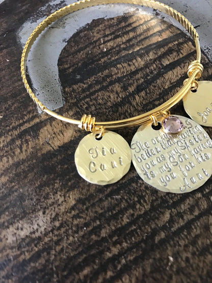 Aunt Quote Bangle Gift for Sister Aunt Bracelet Auntie Jewelry Personalized Jewelry Handstamped Jewelry Name Bangle Auntie Bracelet Gold