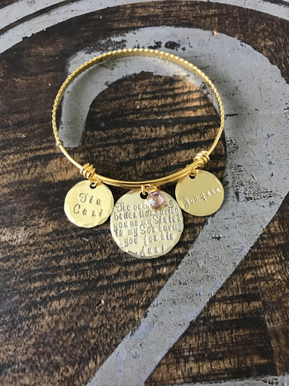 Aunt Quote Bangle Gift for Sister Aunt Bracelet Auntie Jewelry Personalized Jewelry Handstamped Jewelry Name Bangle Auntie Bracelet Gold